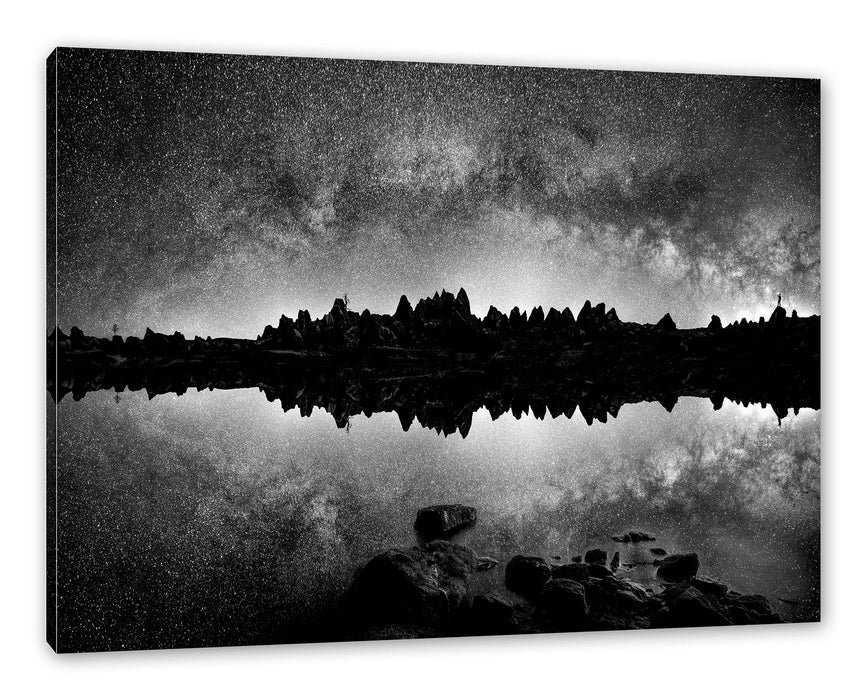 Pixxprint Reflexion des Sternenhimmels über Felsen, Monochrome, Leinwandbild
