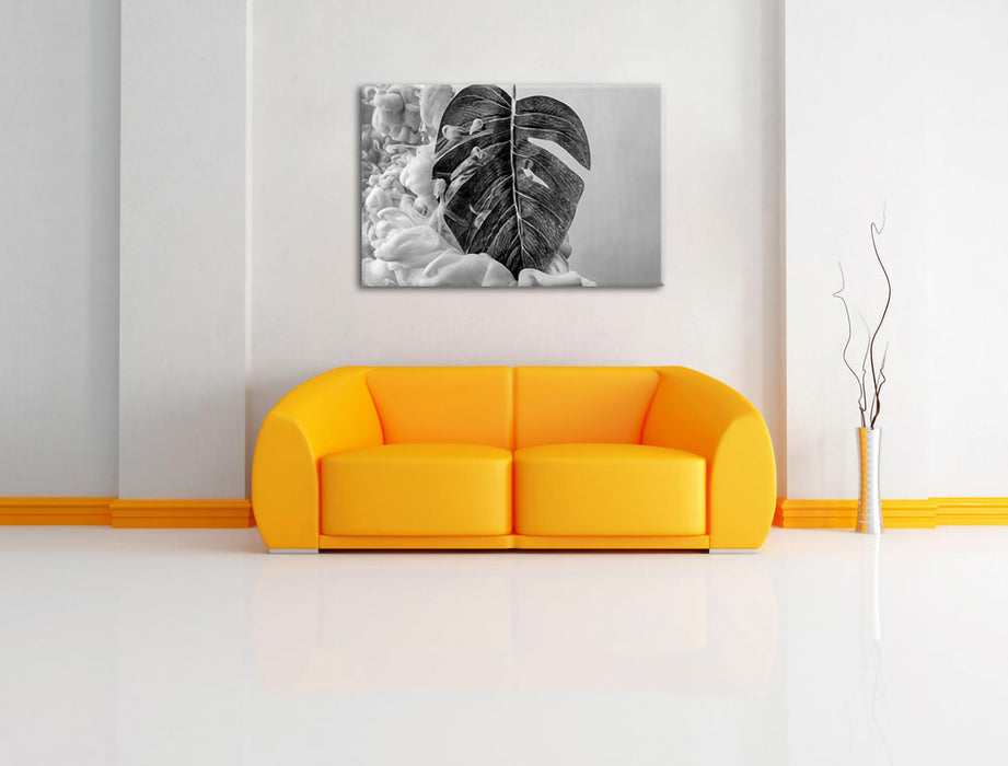 Monstera Blatt mit Pastelwolke, Monochrome Leinwanbild Wohnzimmer Rechteckig