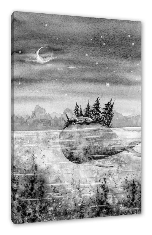Fuchs reitet auf Wal bei Nacht, Monochrome Leinwanbild Rechteckig