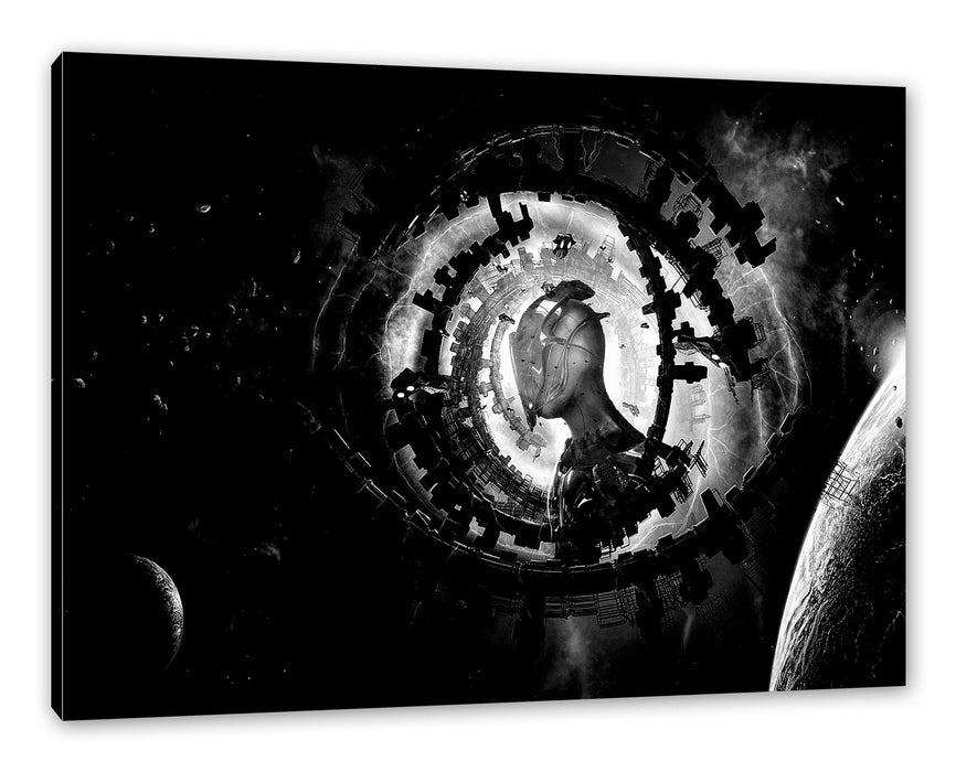 Pixxprint Abstraktes Auge mit Alien im Weltraum, Monochrome, Leinwandbild
