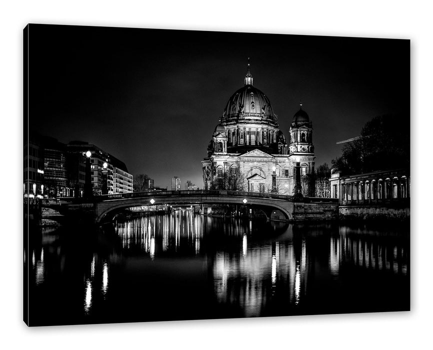 Pixxprint Berliner Dom an der Spree bei Nacht, Monochrome, Leinwandbild