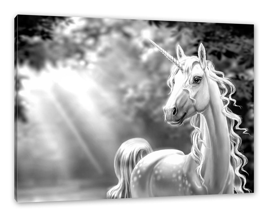 Pixxprint Magisches Einhorn im Zauberwald, Monochrome, Leinwandbild