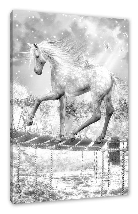 Pixxprint Einhorn läuft über Hängebrücke, Monochrome, Leinwandbild