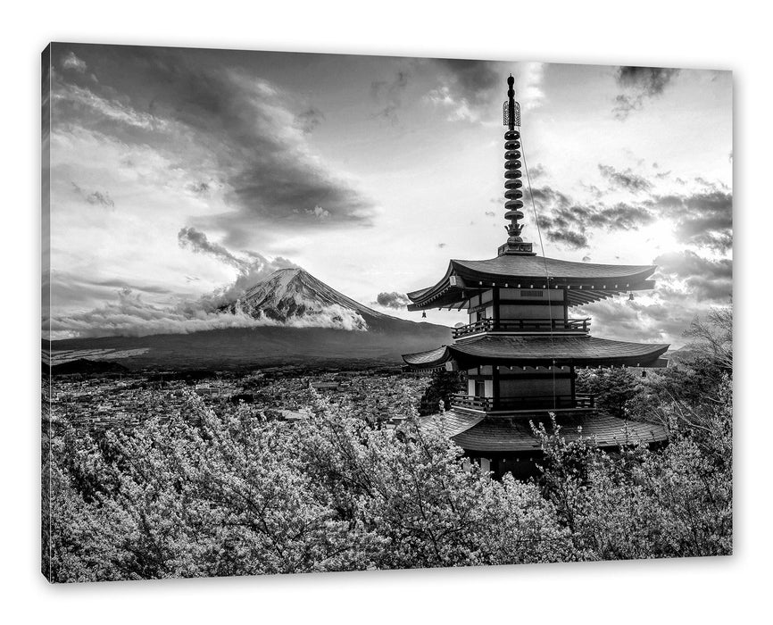 Pixxprint Japanischer Tempel zwischen Kirschblüten, Monochrome, Leinwandbild