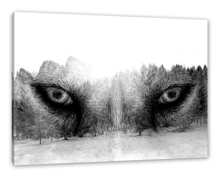 Pixxprint Overlay Wolfsaugen über Winterwald, Monochrome, Leinwandbild