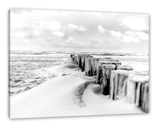 Nahaufnahme Steg aus Holzpföcken am Meer, Monochrome Leinwanbild Rechteckig