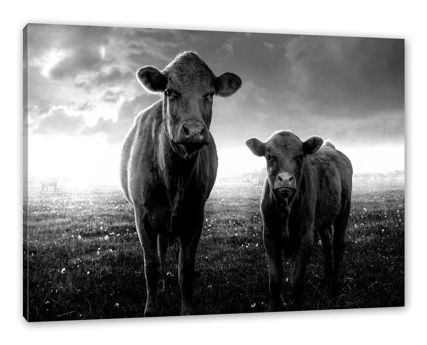 Pixxprint Kuh und Kalb im Sonnenuntergang auf Wiese, Monochrome, Leinwandbild