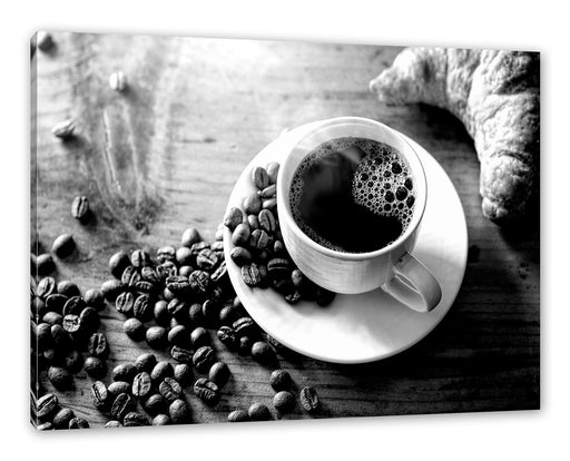 Tasse Kaffee mit Bohnen und Croissant, Monochrome Leinwanbild Rechteckig
