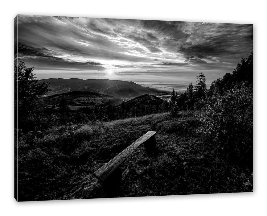 Pixxprint Bank auf Berggipfel bei Sonnenuntergang, Monochrome, Leinwandbild