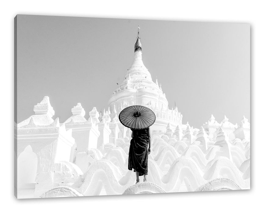 Pixxprint Mönch in rotem Gewand vor weißem Tempel, Monochrome, Leinwandbild