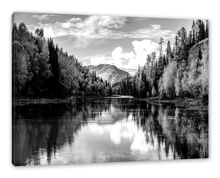 Pixxprint Bergsee mit Herbstwald, Monochrome, Leinwandbild