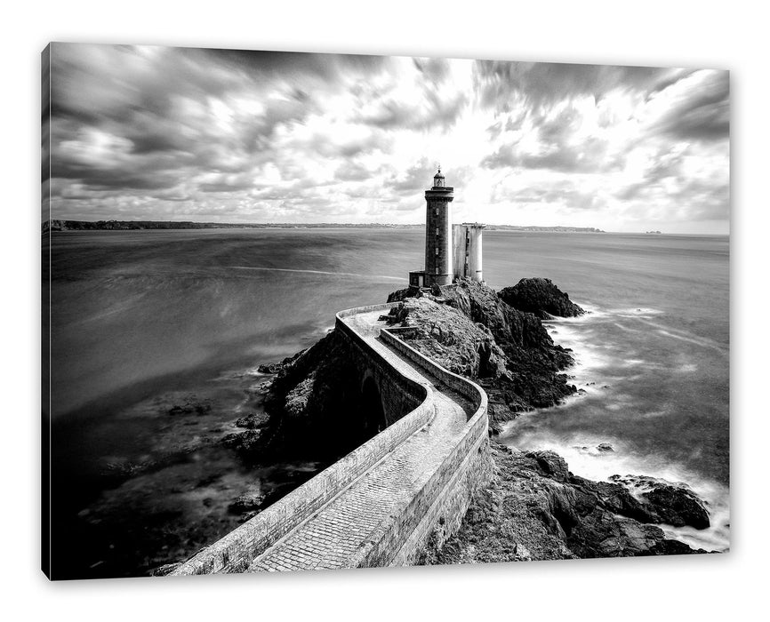 Pixxprint Steinbrücke zum Leuchtturm Phare du Petit Minou, Monochrome, Leinwandbild