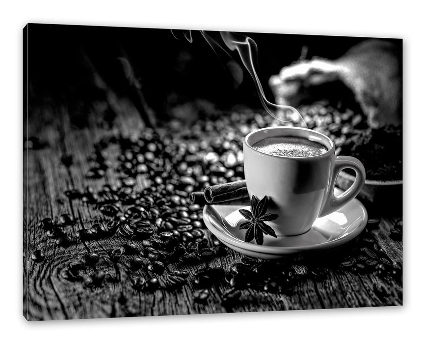 Pixxprint Kaffeetasse mit Bohnen auf Holztisch, Monochrome, Leinwandbild