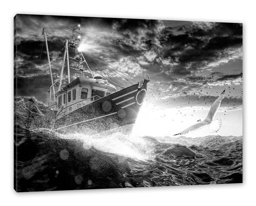 Pixxprint Fischerboot im Sturm auf hoher See, Monochrome, Leinwandbild