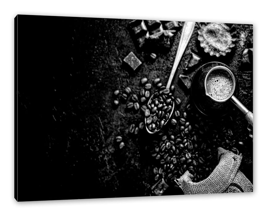 Pixxprint Kaffeebohnen und Schokolade von oben, Monochrome, Leinwandbild
