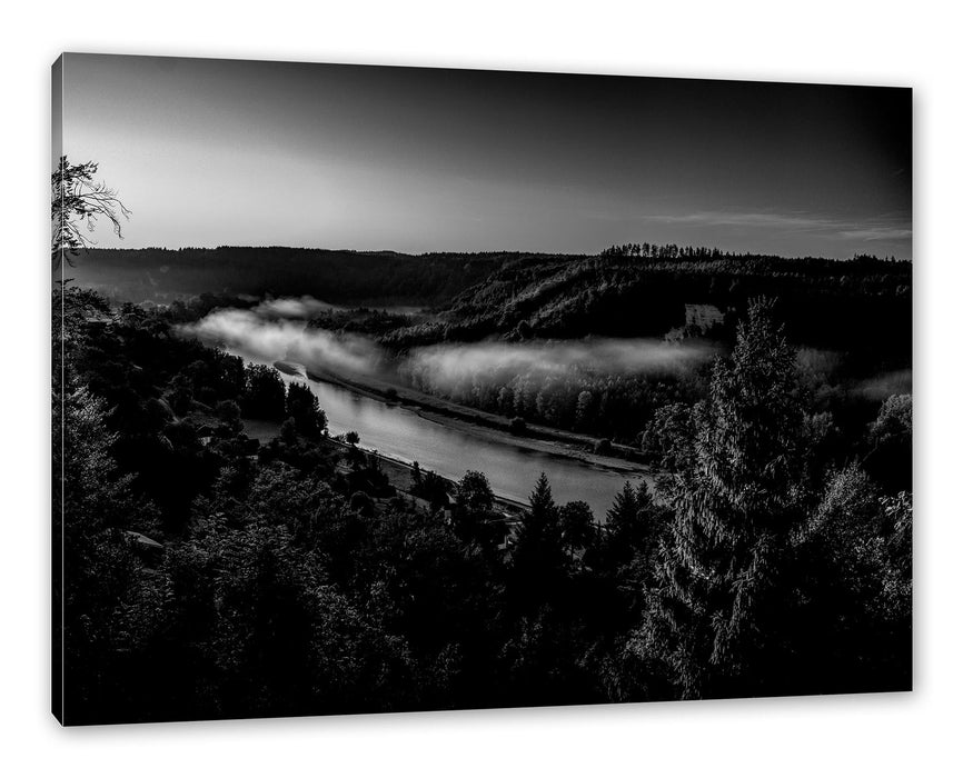 Pixxprint Nebel über Fluss in Waldlandschaft, Monochrome, Leinwandbild