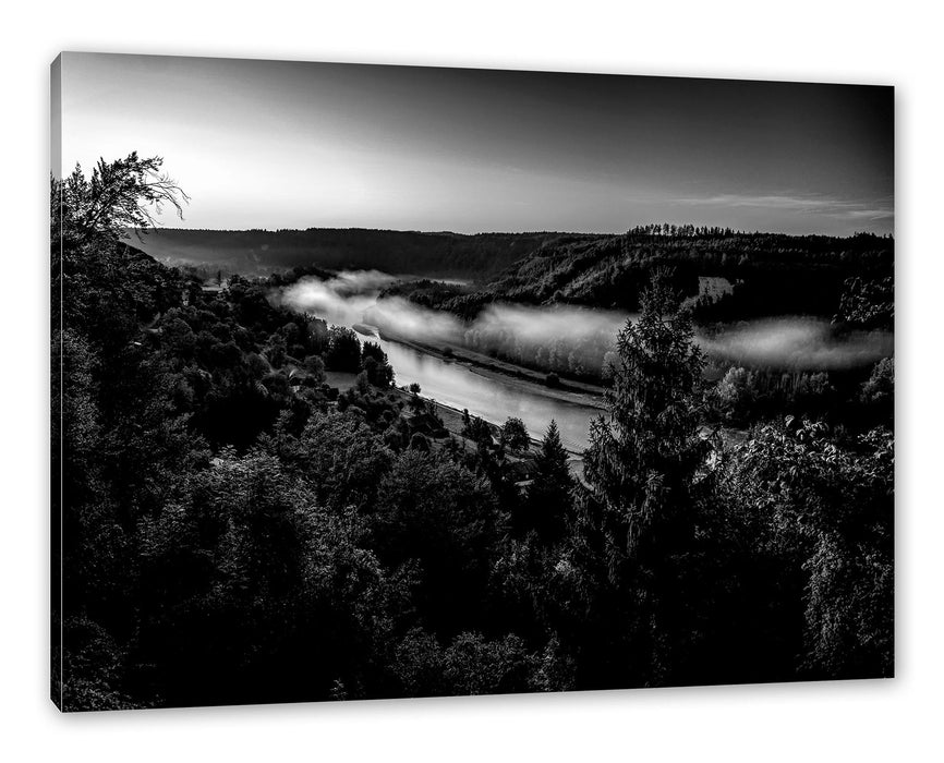 Pixxprint Nebel über Fluss bei Sonnenaufgang, Monochrome, Leinwandbild