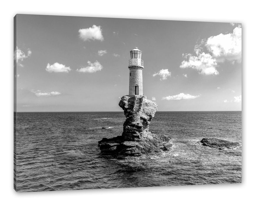 Pixxprint Leuchtturm auf kleiner Insel im Meer, Monochrome, Leinwandbild