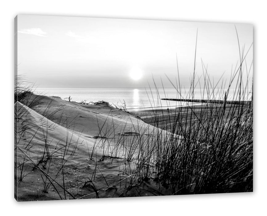 Pixxprint Dünenblick auf Meer bei Sonnenuntergang, Monochrome, Leinwandbild