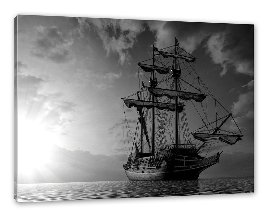 Pixxprint Großes Segelschiff im Sonnenuntergang, Monochrome, Leinwandbild