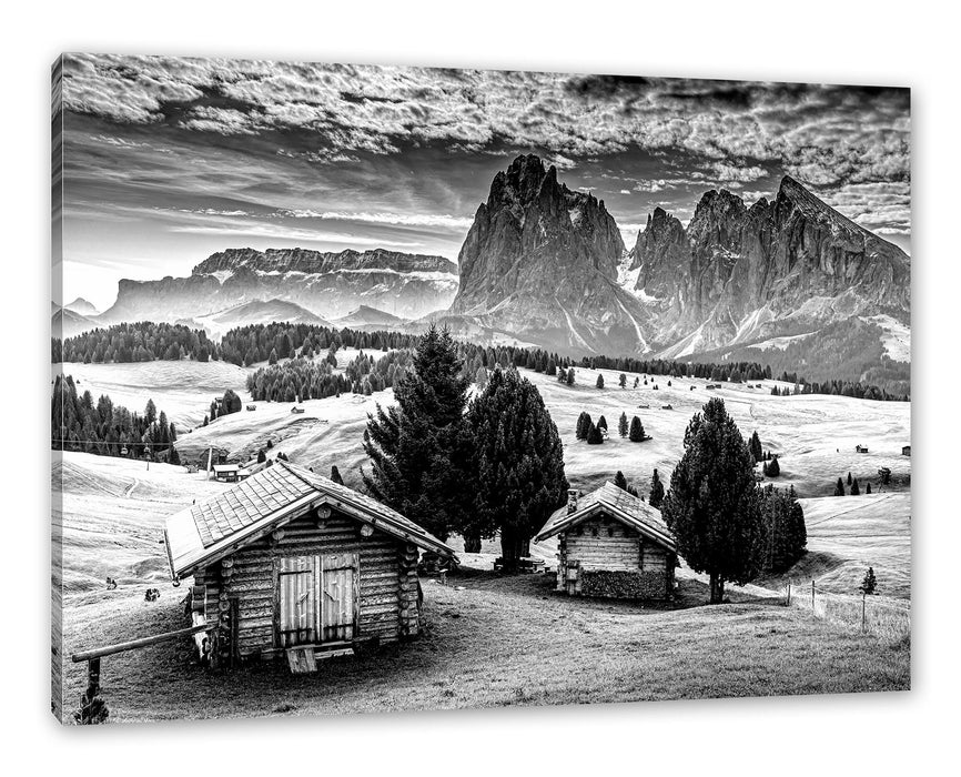 Pixxprint Blockhäuser in den Dolomiten, Monochrome, Leinwandbild