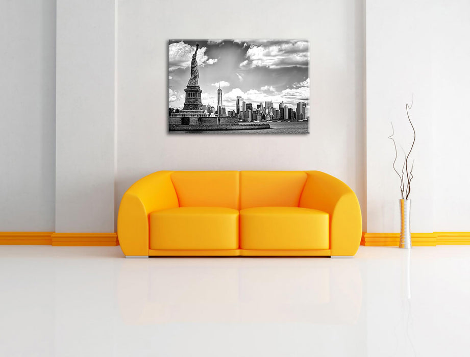 Freiheitsstatue mit New Yorker Skyline, Monochrome Leinwanbild Wohnzimmer Rechteckig