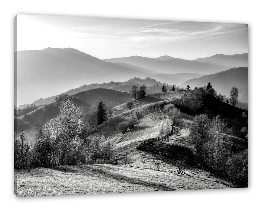 Pixxprint Hügelige Herbstlandschaft bei Sonnenuntergang, Monochrome, Leinwandbild