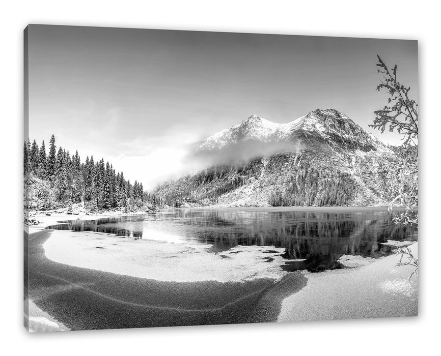 Pixxprint Winterlandschaft mit gefrorenem Bergsee, Monochrome, Leinwandbild