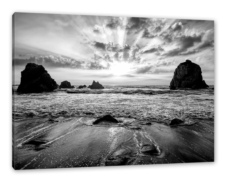 Pixxprint Sandstrand mit Felsen im Sonnenuntergang, Monochrome, Leinwandbild
