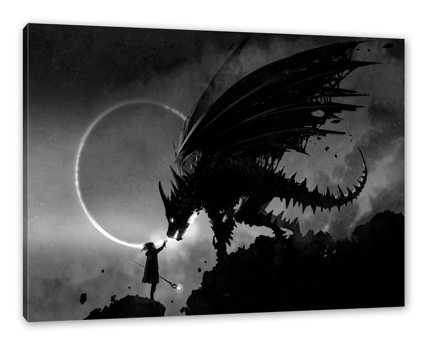 Pixxprint Zauberer und Drache bei Sonnenfinsternis, Monochrome, Leinwandbild
