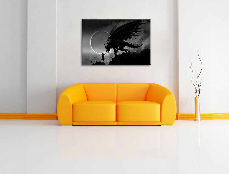 Zauberer und Drache bei Sonnenfinsternis, Monochrome Leinwanbild Wohnzimmer Rechteckig