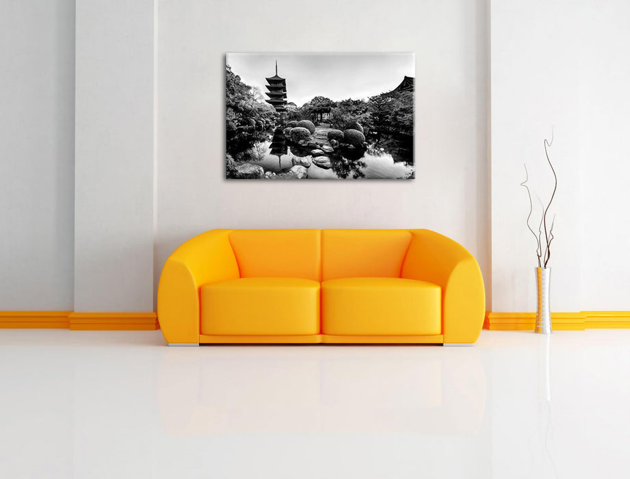 See im Herbst vor japanischem Tempel, Monochrome Leinwanbild Wohnzimmer Rechteckig