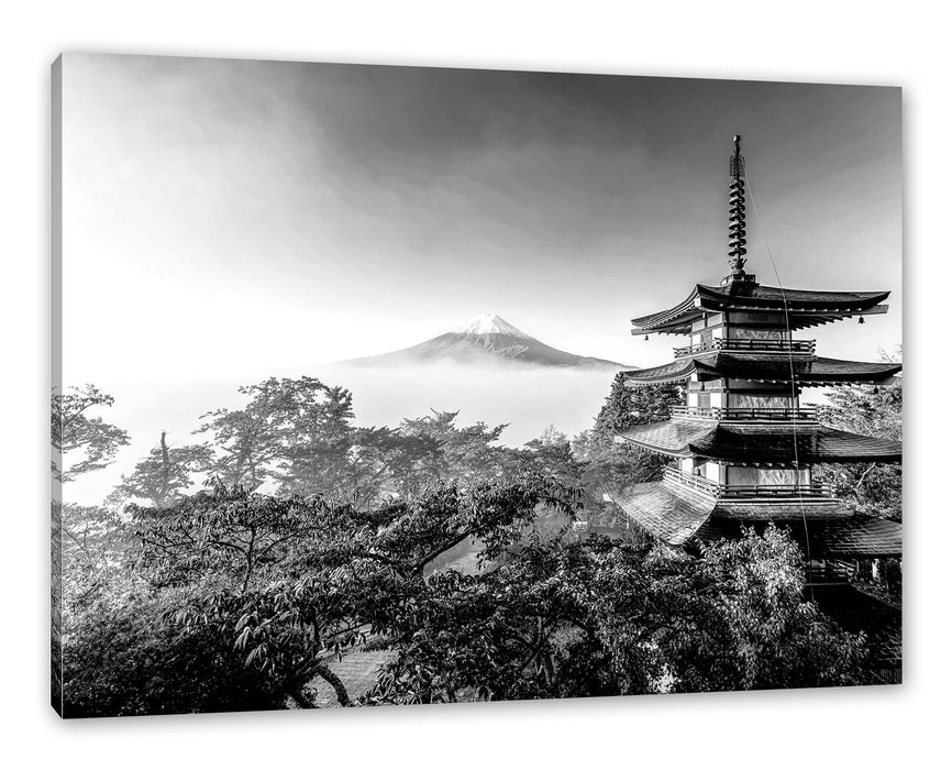 Pixxprint Japanischer Tempel in bunten Baumwipfeln, Monochrome, Leinwandbild