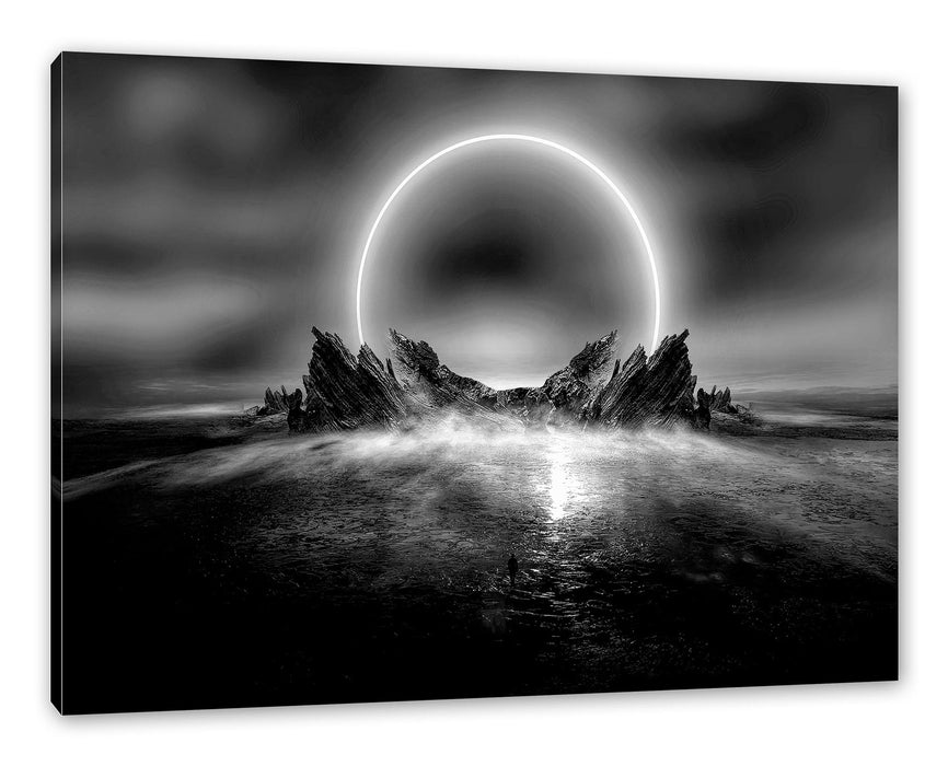 Pixxprint Abstrakter Mond hinter Felsformation, Monochrome, Leinwandbild