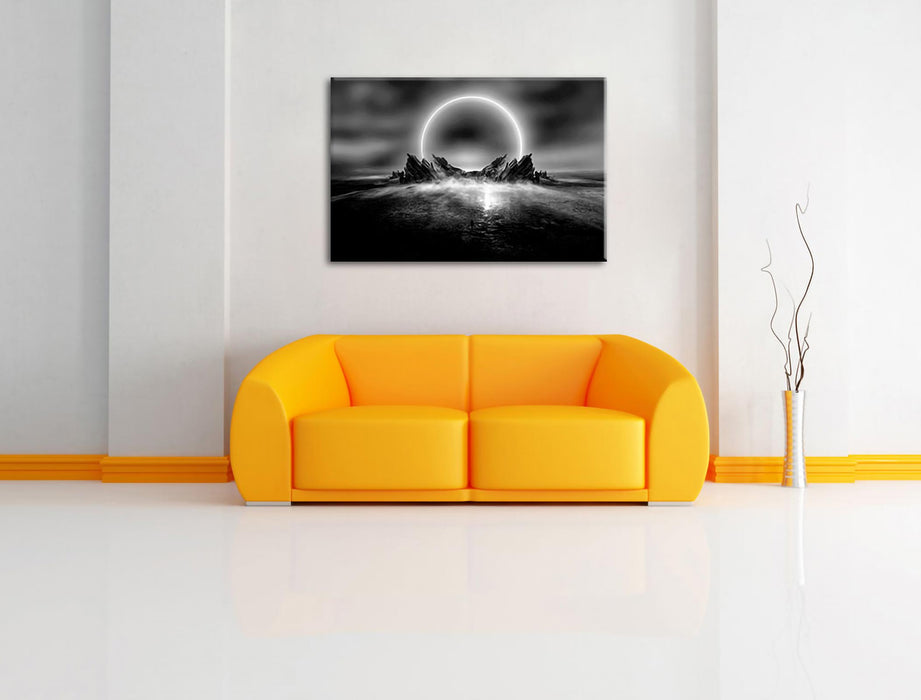 Abstrakter Mond hinter Felsformation, Monochrome Leinwanbild Wohnzimmer Rechteckig