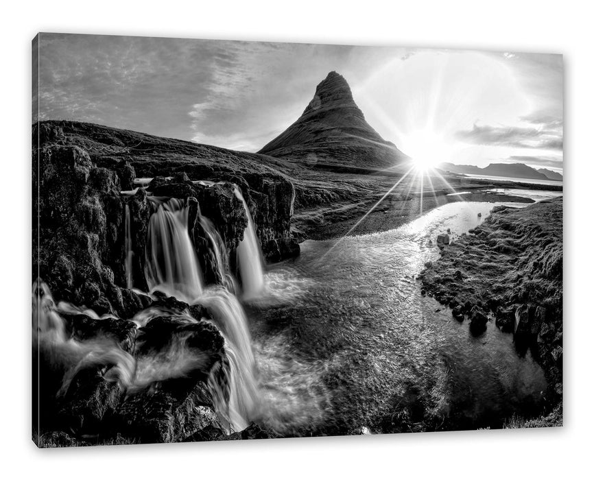 Pixxprint Wasserfall in Isalnd bei Sonnenuntergang, Monochrome, Leinwandbild