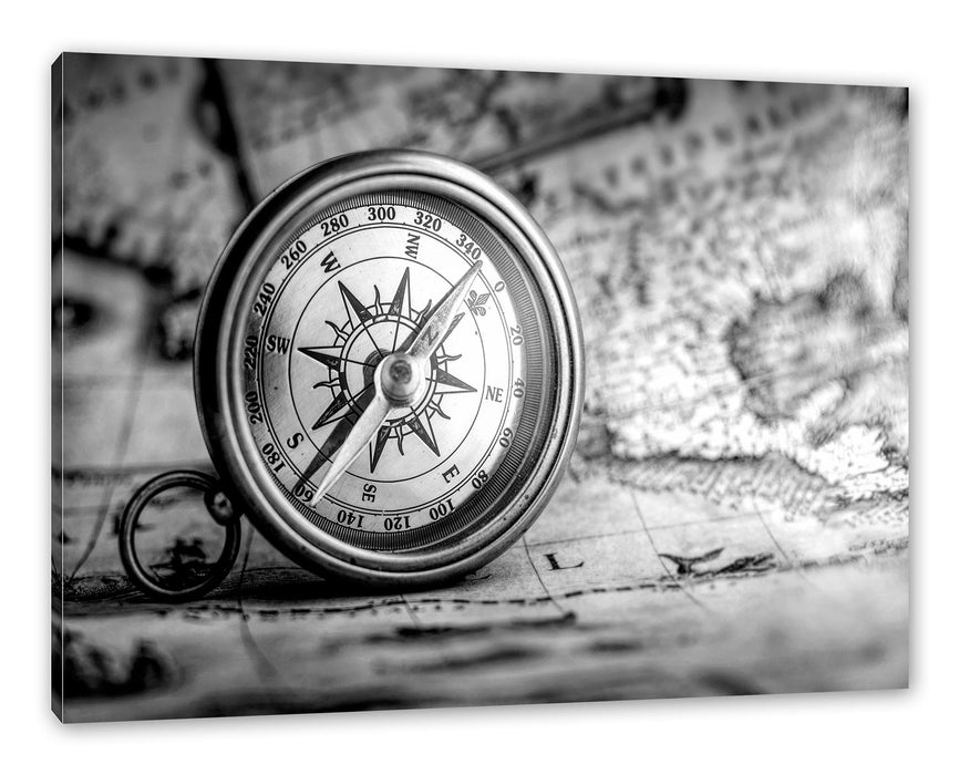 Alter Kompass auf Weltkarte, Monochrome Leinwanbild Rechteckig