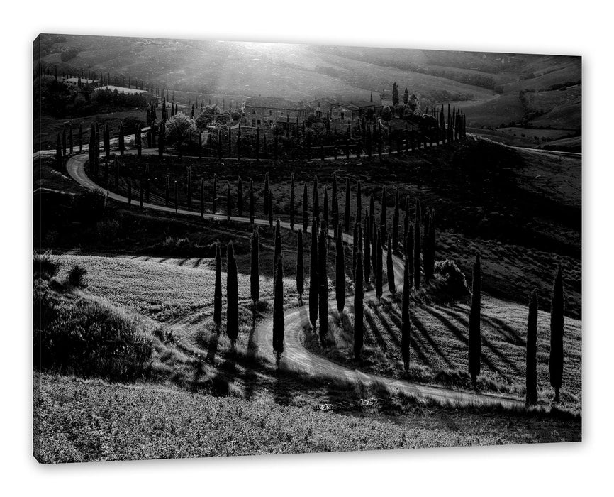 Pixxprint Straße in der Toskana im Sonnenuntergang, Monochrome, Leinwandbild