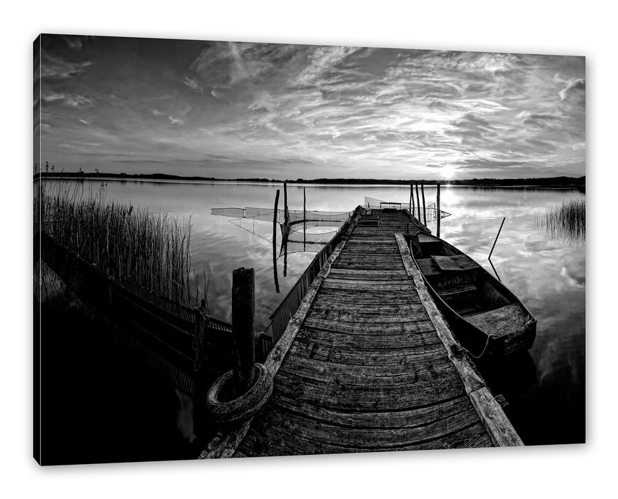 Pixxprint Weitwinkel Holzsteg im Sonnenuntergang, Monochrome, Leinwandbild