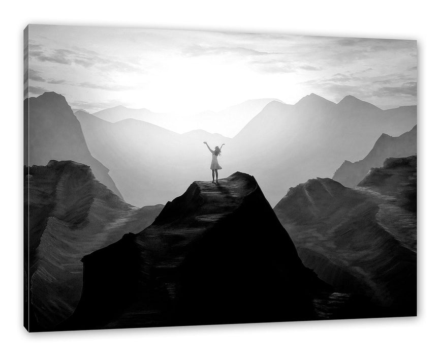 Pixxprint Einsame Frau auf Felszug Anbetung, Monochrome, Leinwandbild