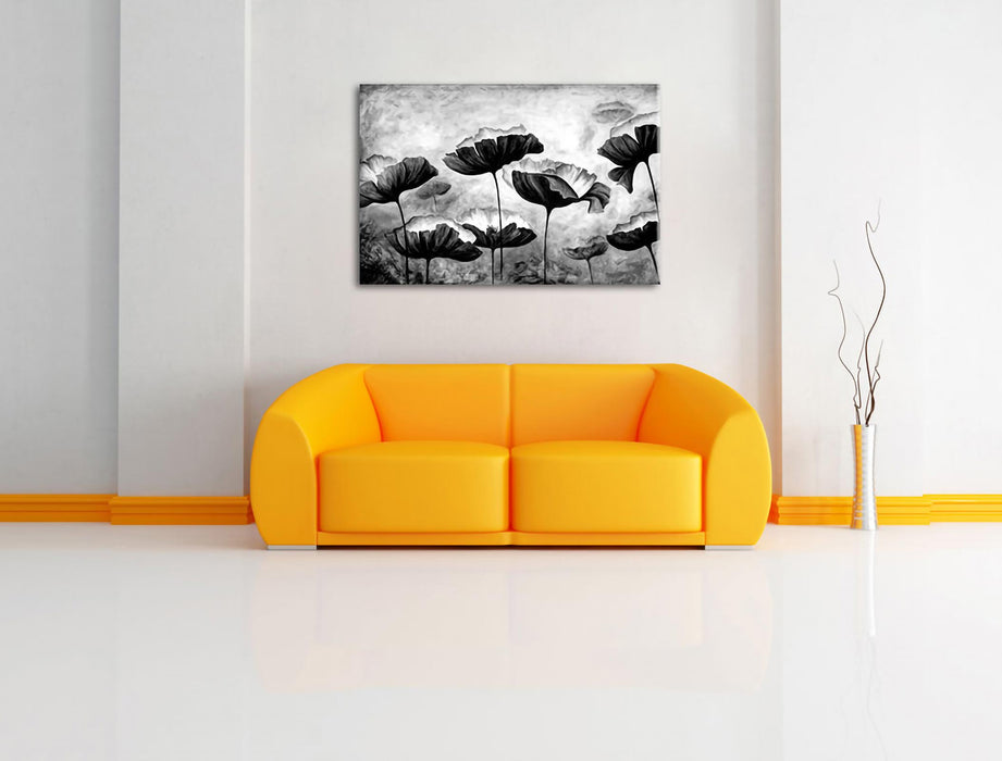 Mohnblumen gezeichnet, Monochrome Leinwanbild Wohnzimmer Rechteckig
