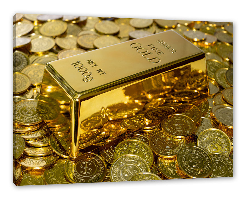 Pixxprint Goldbarren zwischen Goldmünzen, Leinwandbild