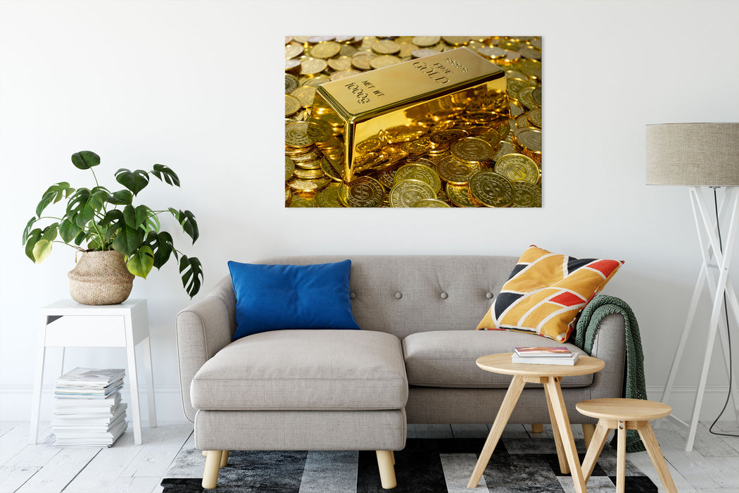 Goldbarren zwischen Goldmünzen Leinwandbild Wohnzimmer Rechteckig