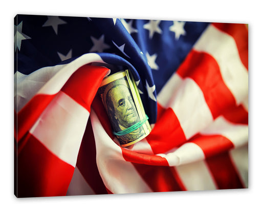 USA Flagge mit Dollarschein Leinwandbild Rechteckig