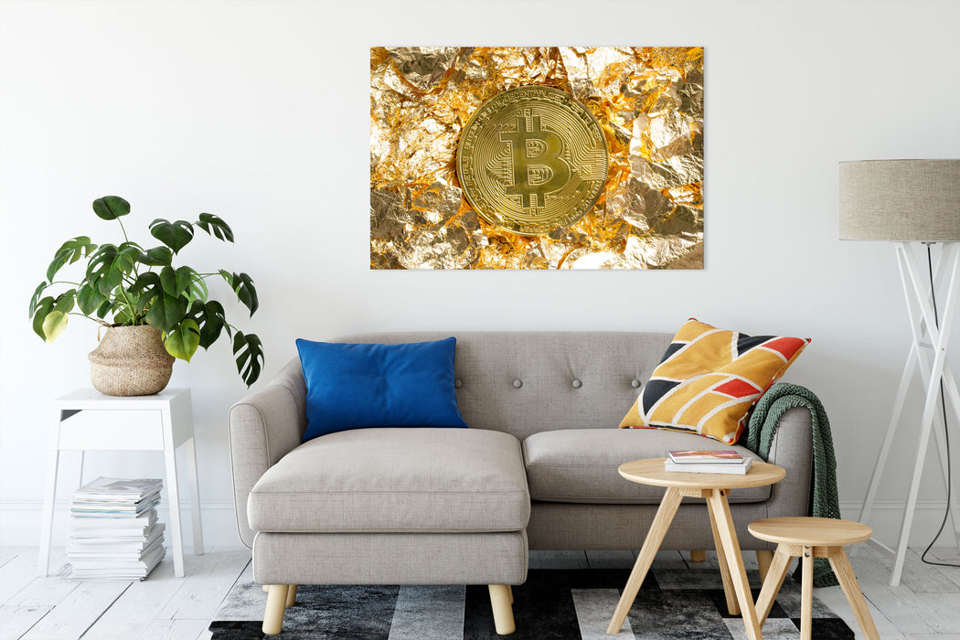 Bitcoin BTC Goldpapier Leinwandbild Wohnzimmer Rechteckig