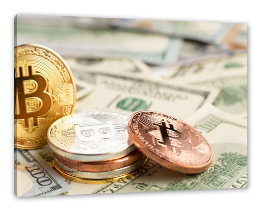 Bitcoins BTC auf Dollarscheinen Leinwandbild Rechteckig