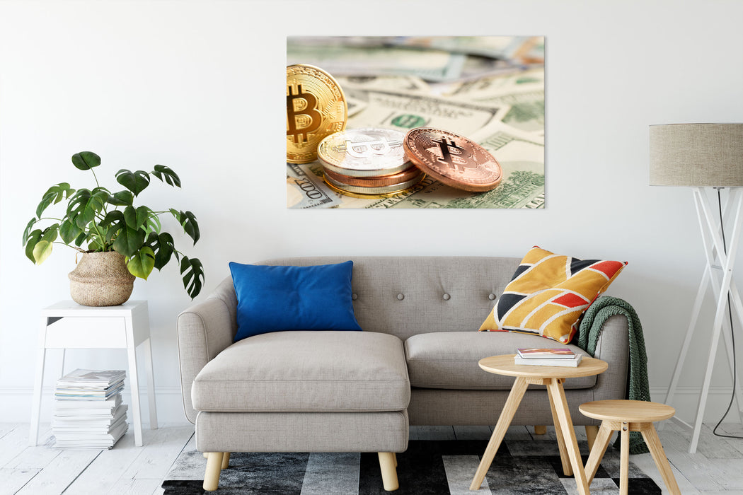 Bitcoins BTC auf Dollarscheinen Leinwandbild Wohnzimmer Rechteckig