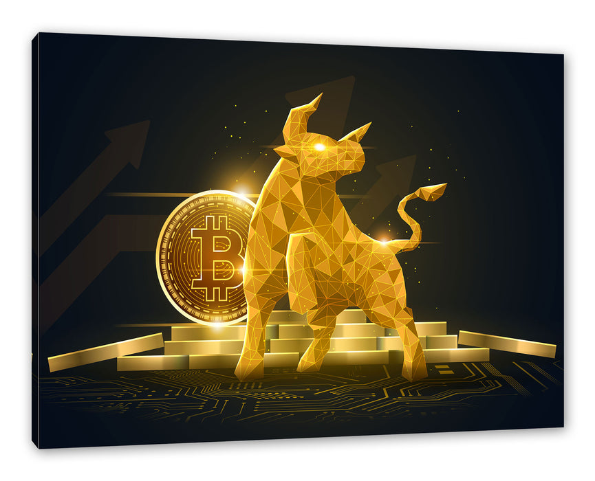 Pixxprint Bitcoin BTC mit goldenem Stier, Leinwandbild