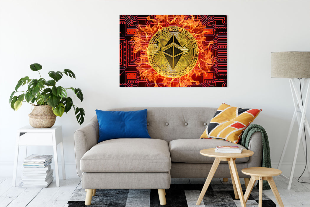 Bitcoin BTC mit Flammen Leinwandbild Wohnzimmer Rechteckig