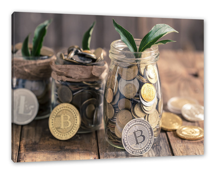 Pixxprint Bitcoins BTC im Glas, Leinwandbild